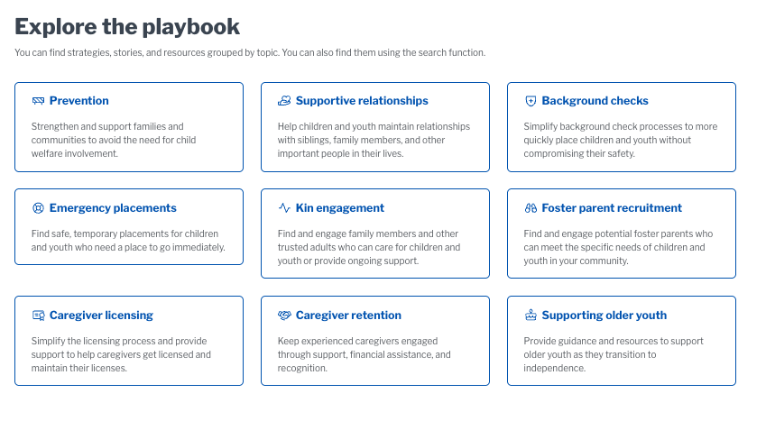 Topics on the homepage of the Child Welfare Playbook